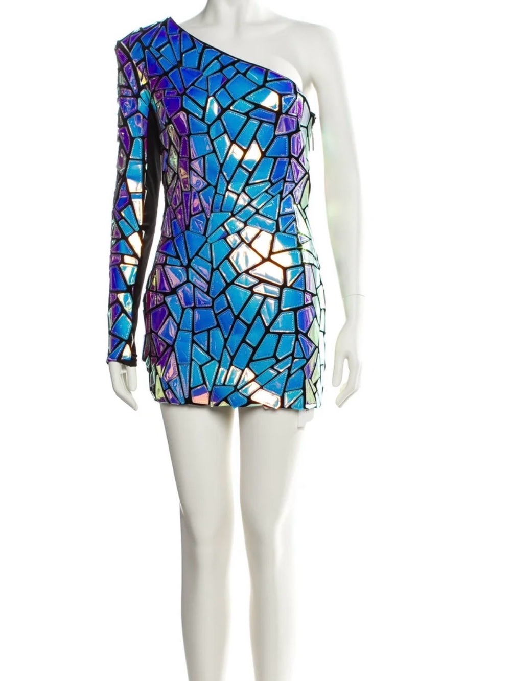 Bronx and Banco Holographic One-Shoulder Mosaic Mini Dress